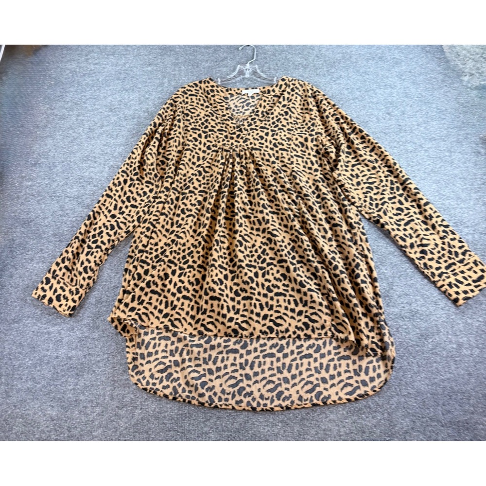 Easel Leopard Print High Low Tunic Top Long Sleeve V-Neck ET15609 Brown Tan M